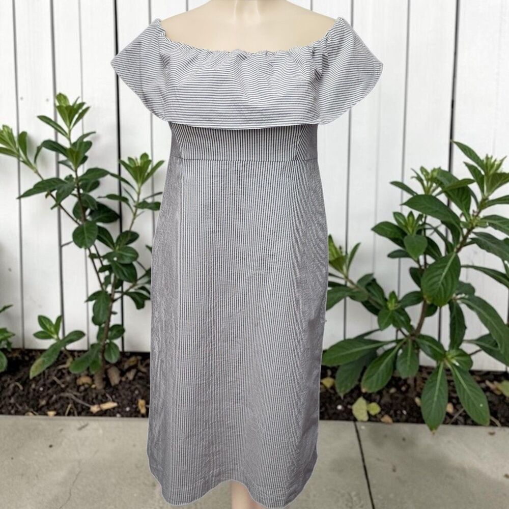 Banana Republic Seersucker One Shoulder Dress Womens 12 Pockets Coastal Chic